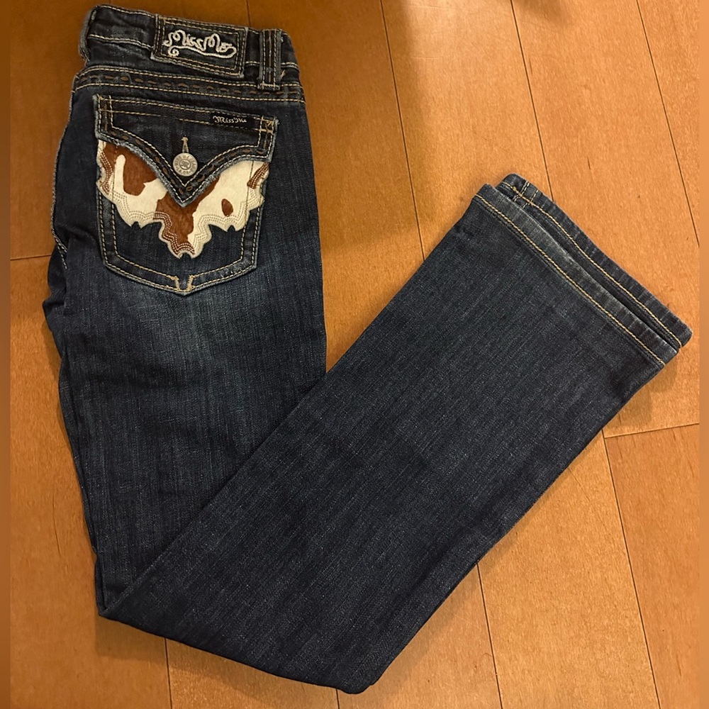 Miss Me Dark Blue Boot Cut Jeans with Brown & Cream Pocket Appliqué - Picture 5 of 8